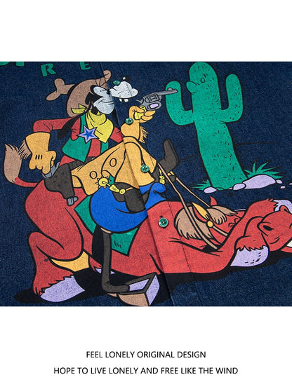 American retro fun cartoon jeans short-sleeved shirt men loose design sense niche shirt