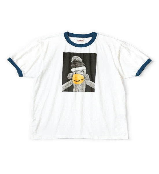 Japanese loose casual cotton heavyweight crewneck color-blocked doll monkey print short sleeve T-shirt