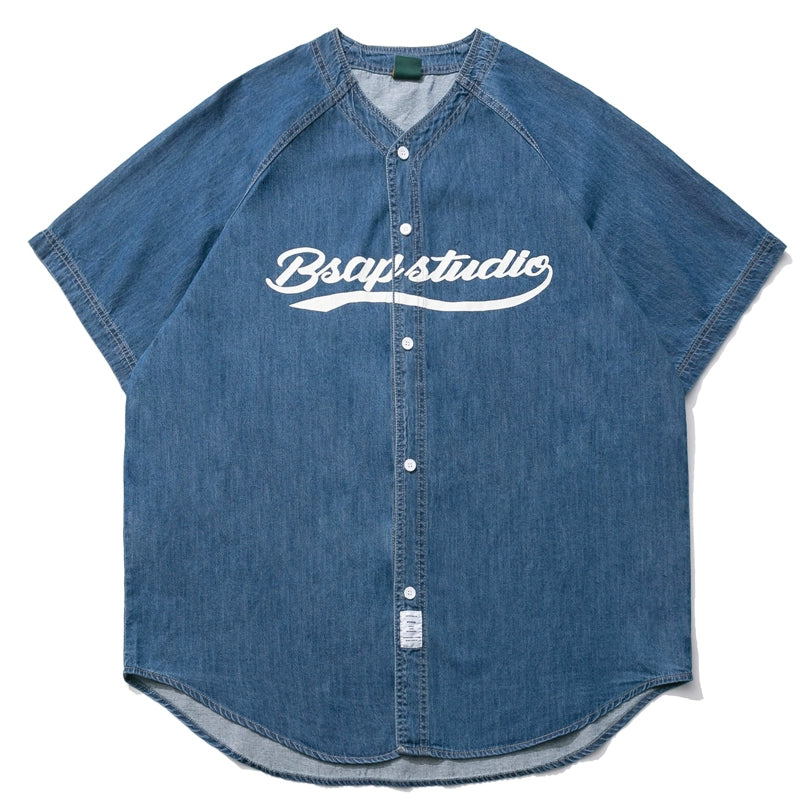 Japanese retro Ami khaki vintage letter printing baseball shirt men's loose denim tooling short-sleeved shirt