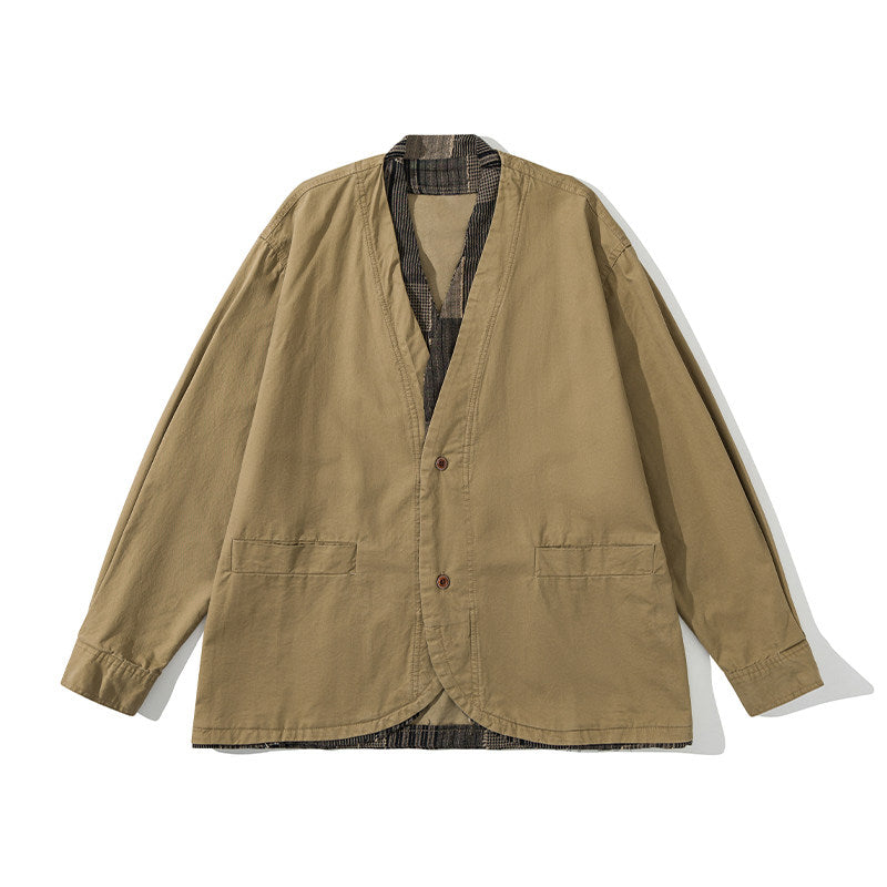 Retro Color-Block Patchwork Jacket – Deconstructed Chinese Style Workwear Blazer for Men – Japanese vintage | yamalin clothes | Yamalinclothes