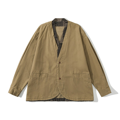 Retro Color-Block Patchwork Jacket – Deconstructed Chinese Style Workwear Blazer for Men – Japanese vintage | yamalin clothes | Yamalinclothes