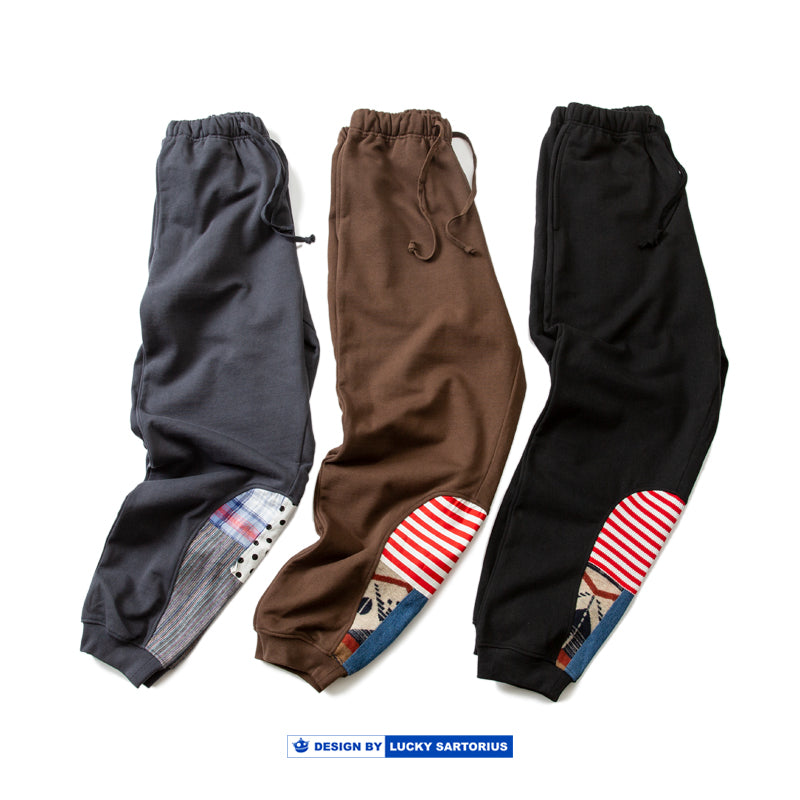 Japanese retro heavy high-gram weight cotton pants ethnic style water drop splicing elements men's elastic waist casual pants