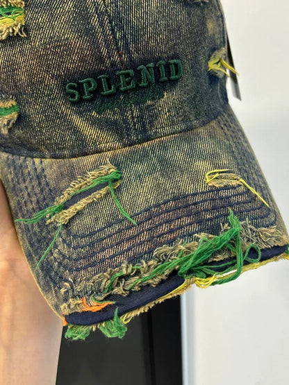 American vintage washed old denim baseball cap women's versatile big headset hat embroidered with ripped peaked hats