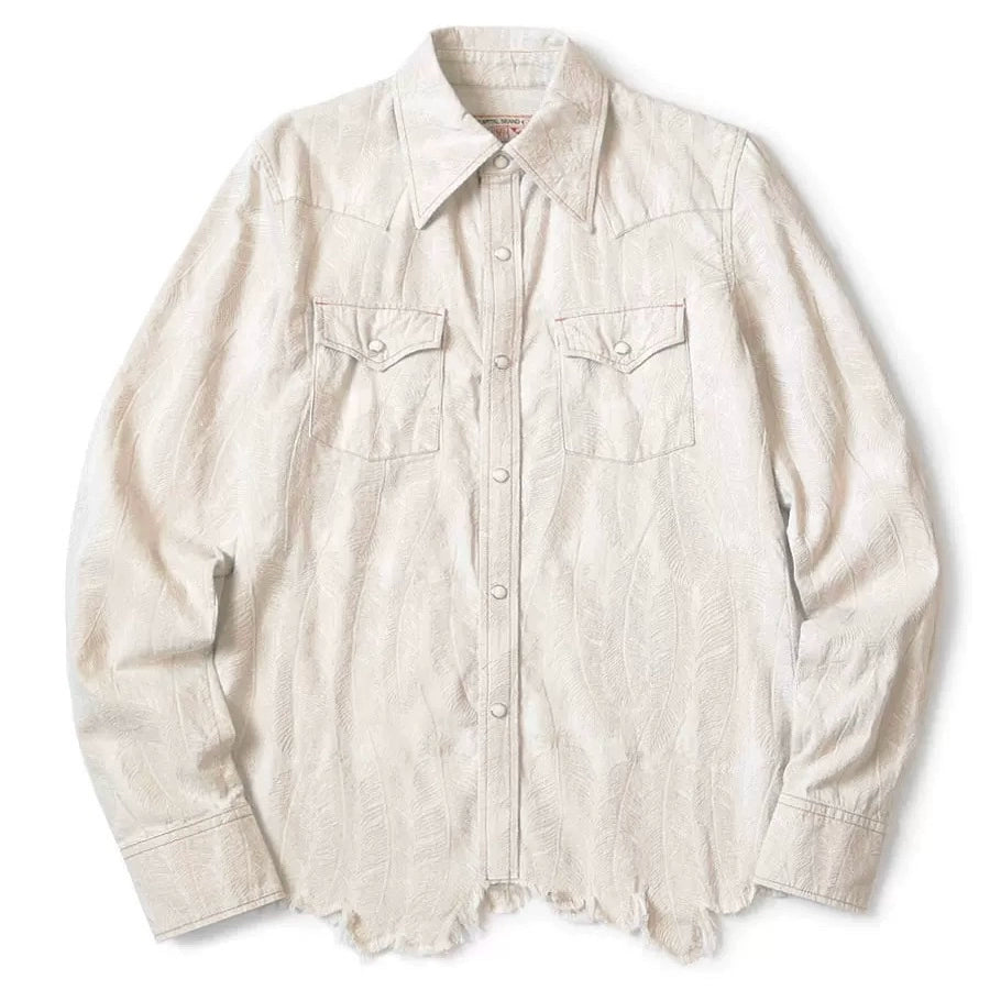 Japanese retro casual feather embroidery white denim loose long-sleeved shirt