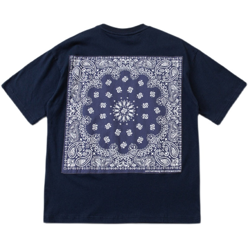 Japanese  Cashew flower pattern round collar short-sleeved T-shirt