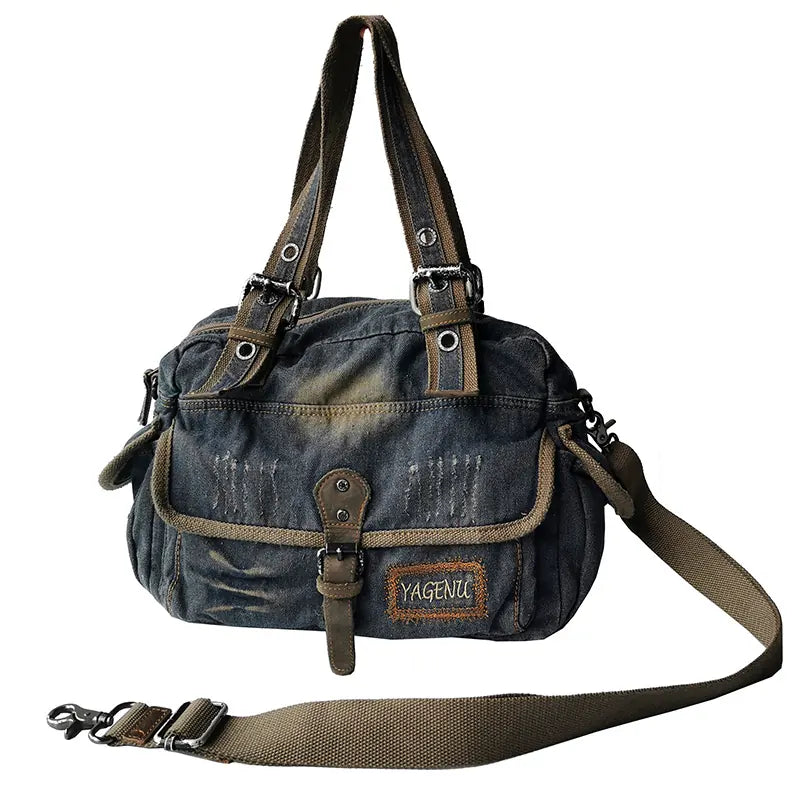 Washed Denim Leather Tote Bag – Vintage 3-Way Shoulder Crossbody Unisex – Bags | japanese streetwear | vintage workwear | unisex | Yamalinclothes