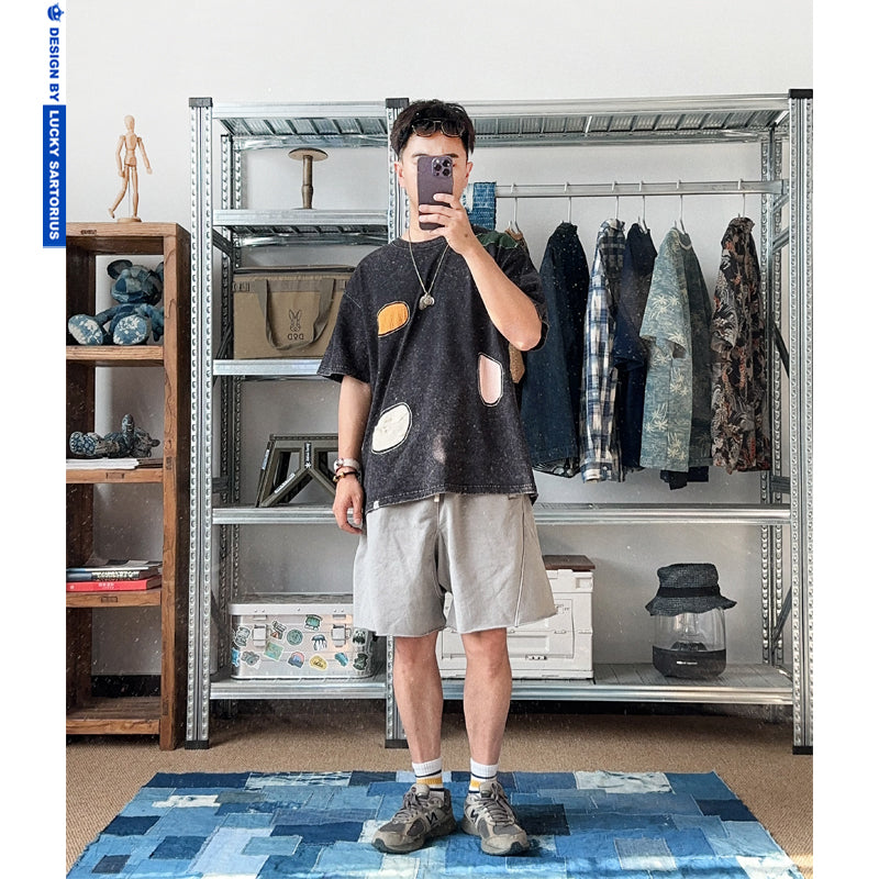 Heavy-weight washed round collar handmade multicolor patch embroidered retro short sleeve T-shirt