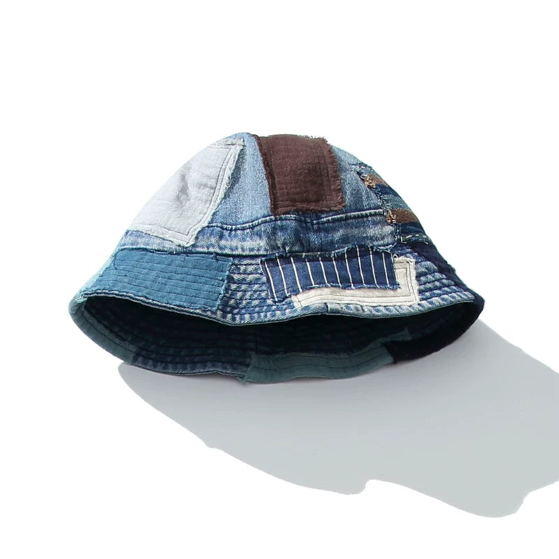 sakai kouiti handmade ancient cloth patchwork hat original design casual denim basin hat bucket hat