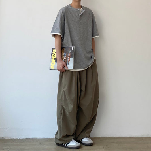 Summer Japanese retro solid color loose pleated wide-leg pants, unisex, straight leg casual trousers