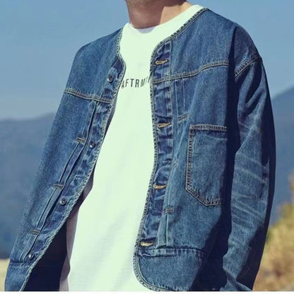 Japanese Retro Cotton Denim Jacket Men – Hand-Washed V-Neck Long Sleeve Streetwear | Japanese vintage | yamalin clothes | Yamalinclothes