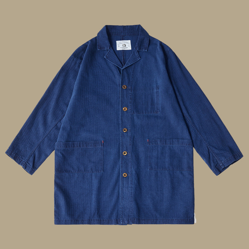 Japanese Retro Indigo Trench Coat - Herringbone Cotton Lightweight Long Coat for Spring/Fall