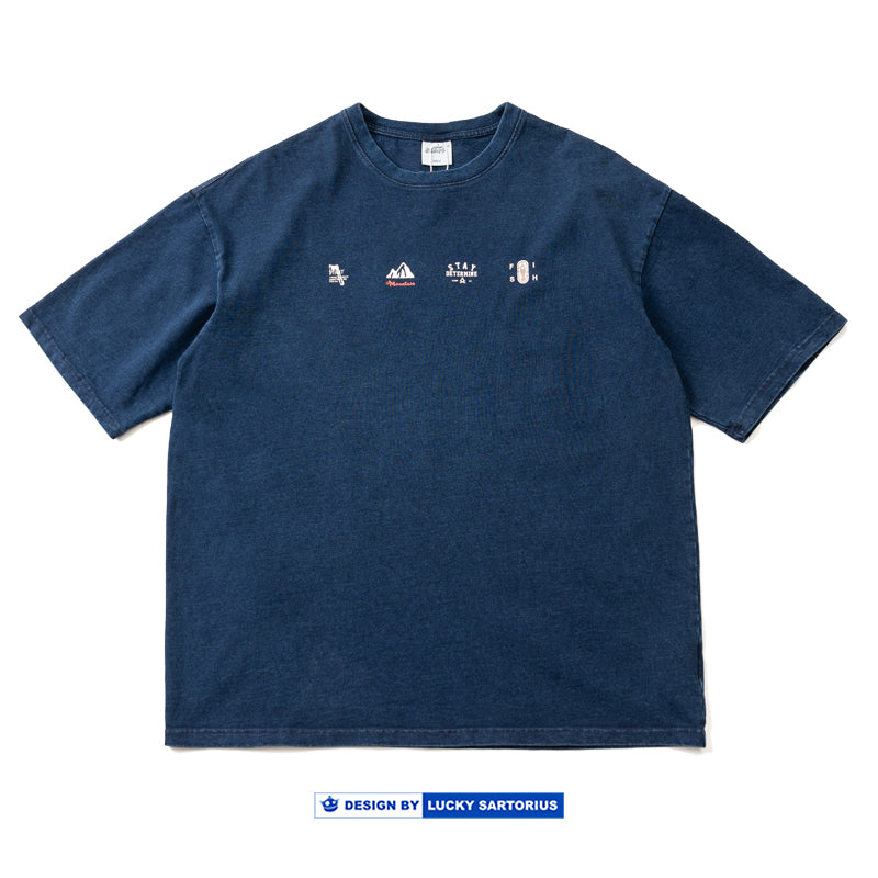 Japanese  Cotton Indigo washed turtleneck print Short Sleeve T-Shirt