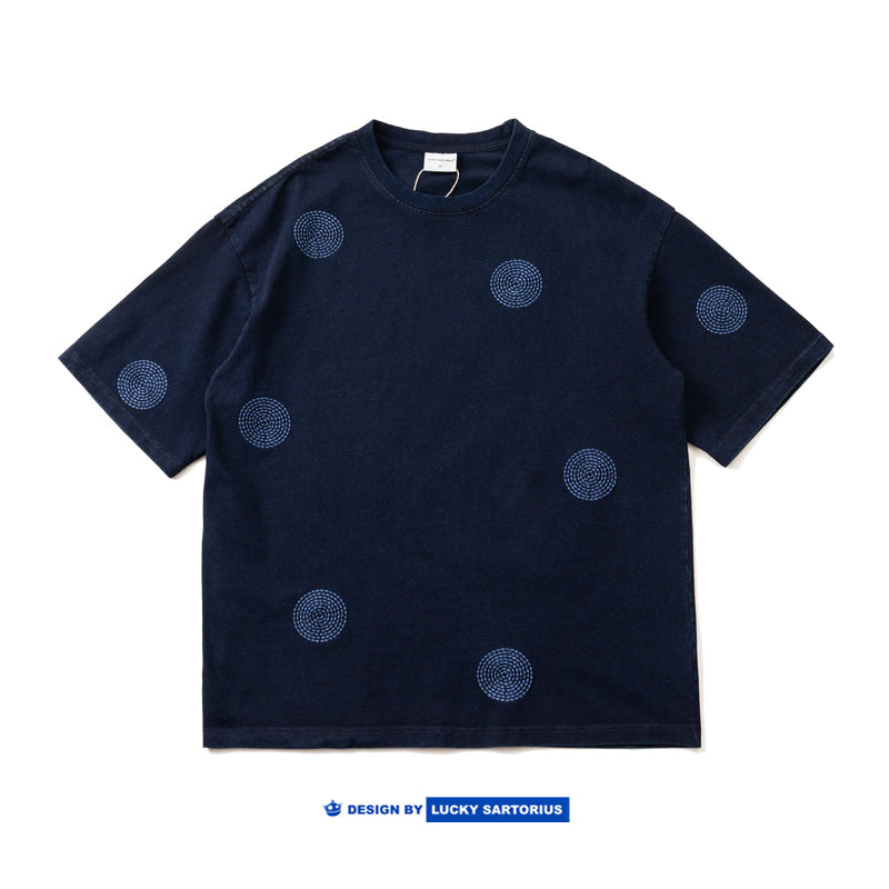 Vintage Indigo Wash Thorn Embroidery Round Neck Short Sleeve T-shirt