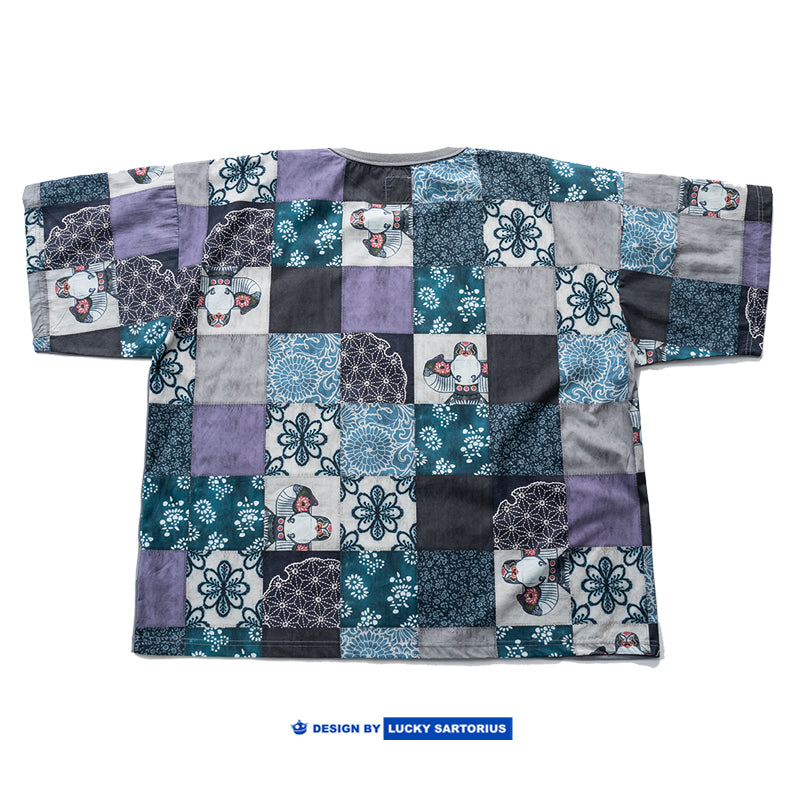 Japanese retro loose silhouette, lazy casual style, front and back stitching, ethnic style short sleeve T-shirt, men's and women's trendy short Tee