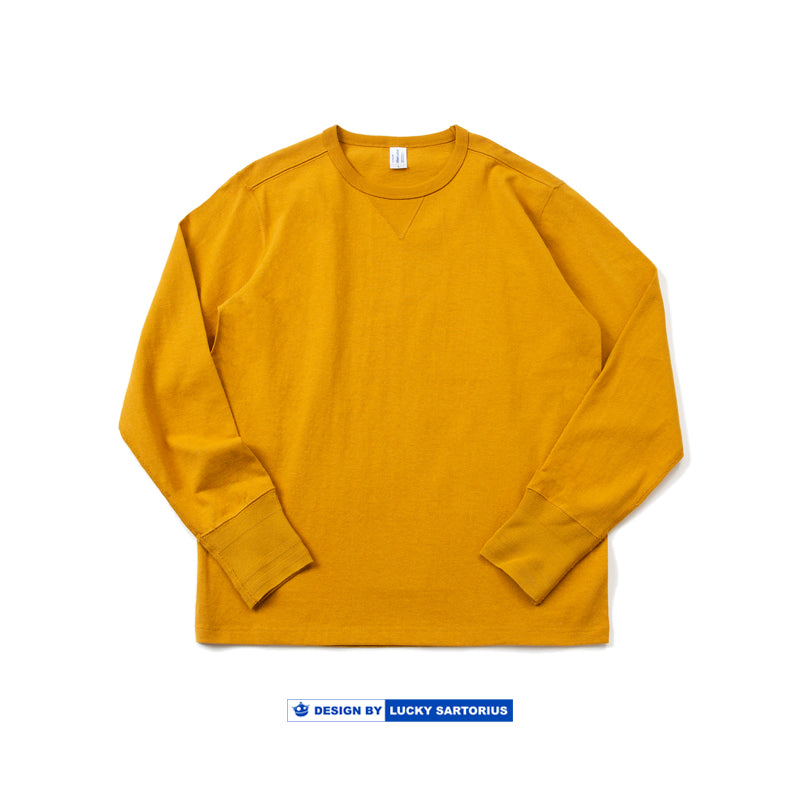 245g Khaki Thick Heavy Retro American Cotton Rugged Cotton Seamless Tube Weaving American Roll Collar Long Sleeve T-Shirt Men