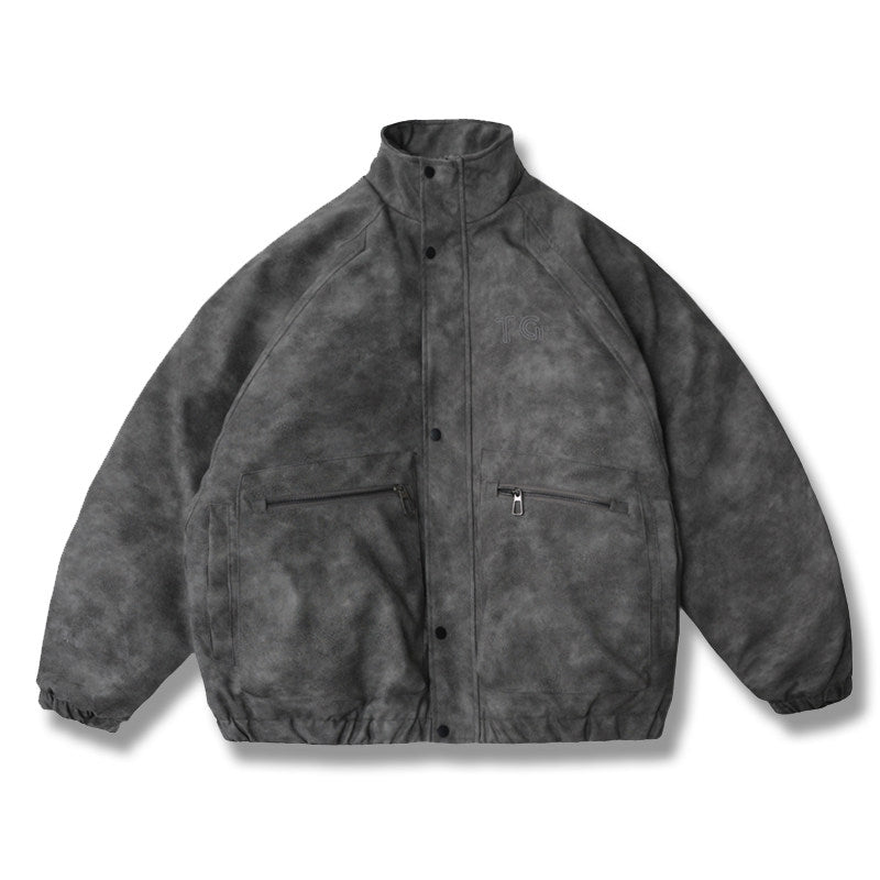 Embroidered Stand Collar Leather Jacket – American Retro Thickened Windproof Unisex – Coats Jackets | japanese streetwear | vintage workwear | unisex | Yamalinclothes