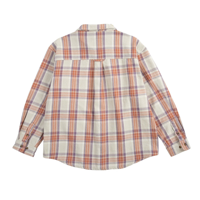 Splicing denim washed damage heavy plaid long sleeve shirt