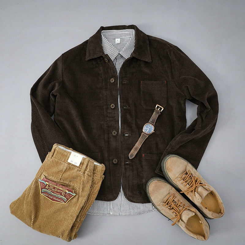 Vintage French Cargo Jacket – Heavy Corduroy Multi-Pocket Autumn Unisex