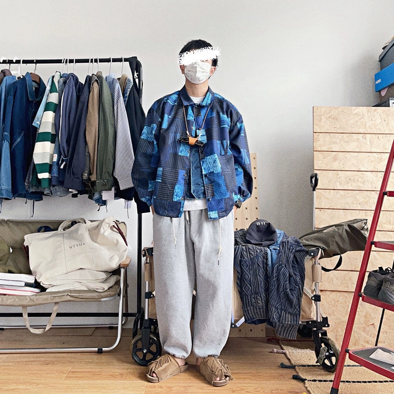 Indigo Old Cloth Sashiko Embroidery Loose Drop Shoulder Jacket