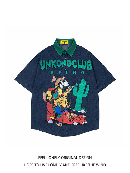 American retro fun cartoon jeans short-sleeved shirt men loose design sense niche shirt