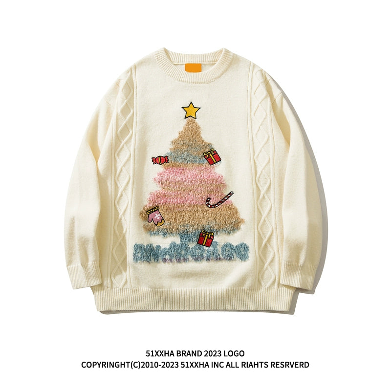 American style fun Christmas tree red sweater men and women autumn and winter design round neck couple sweater