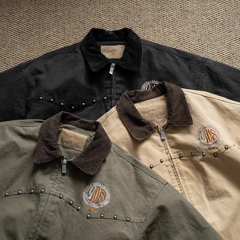 Vintage workwear feng shui washed ready-to-wear leavened washed, distressed rivet embellishments, lapels, youth jackets, jackets, men's trend