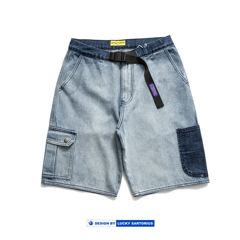 washed old color matching jeans loose shorts frock pants for men