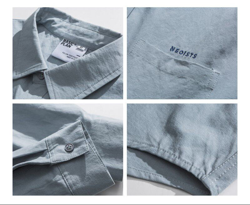 Japanese trend embroidery letter solid color lapel long sleeve shirt men's spring and autumn cleanfit shirt | Japanese vintage | yamalin clothes | Yamalinclothes