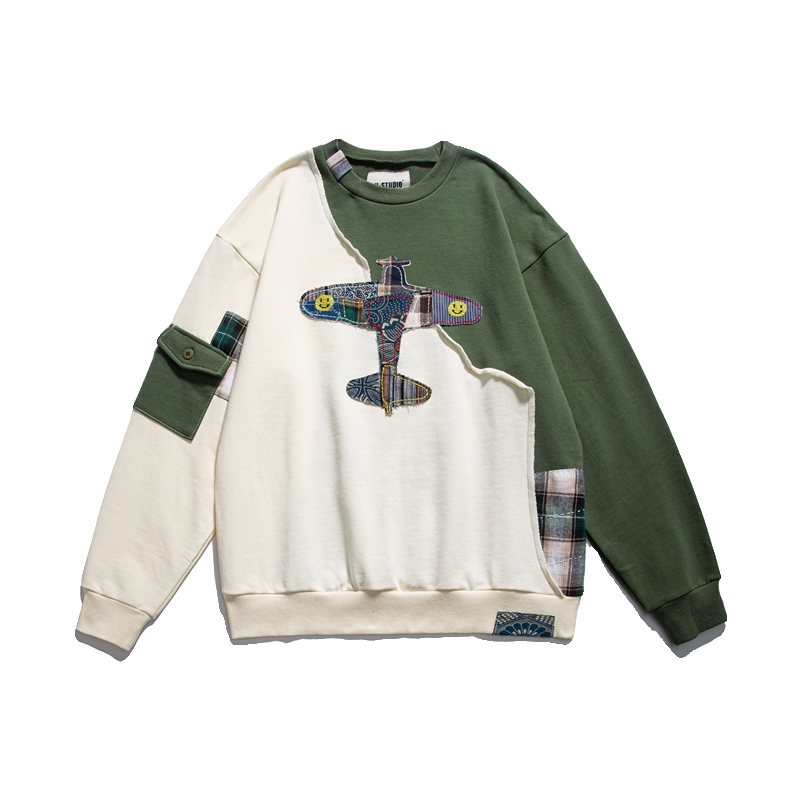 Original design Japanese retro workwear stitched sweatshirt Spring casual distressed tops for men and women
