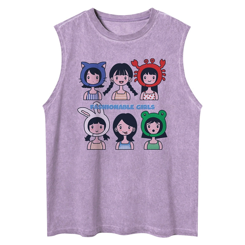 Vintage little girl print vest for men and women summer oversize couple sleeveless T-shirt