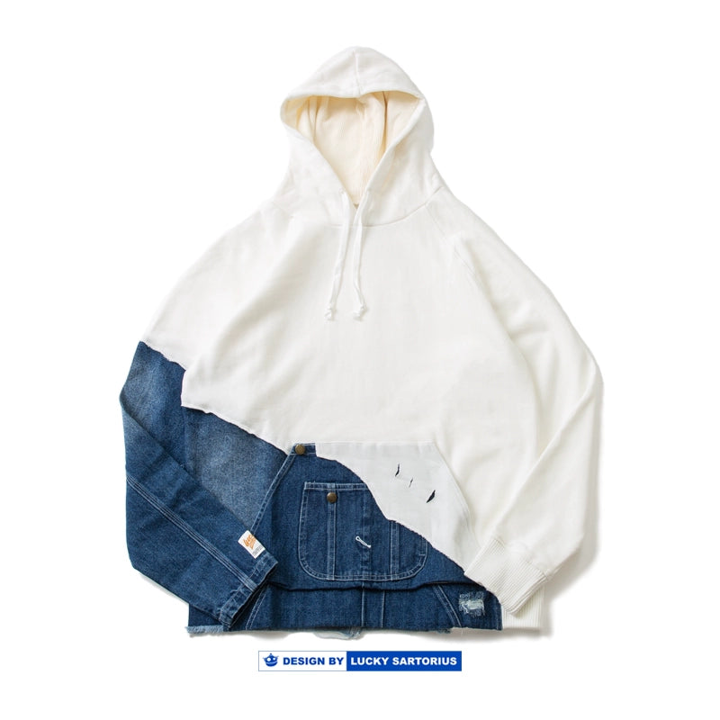 Men's washed denim patchwork hooded sweatshirt kangaroo pocket jacket