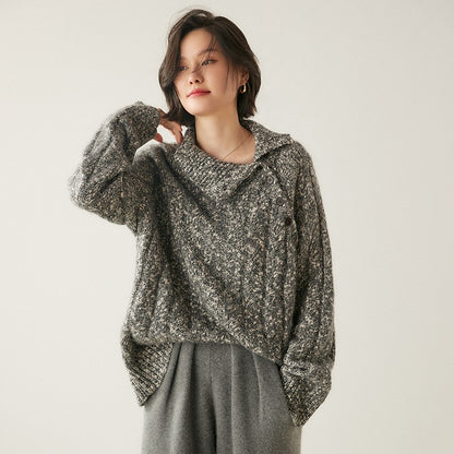 Heavy-duty lazy cashmere sweater, diagonal buttoned floral tulle, thickened twisted high-neck sweater, Korean autumn/winter new women's knitwear | Yamalinclothes