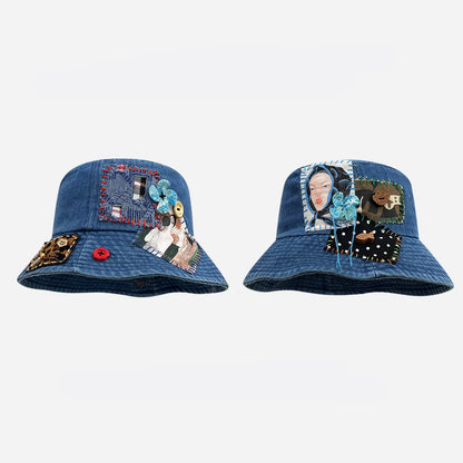 Denim Abstract Appliqué Fisherman Hat – Wide Brim Sun Protection Streetwear – Japanese vintage | yamalin clothes | Yamalinclothes