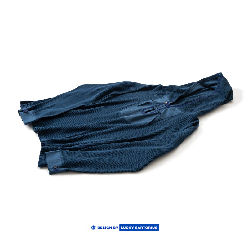 Japanese loose dropped shoulders slouchy wind indigo dyed waffle hooded sweatshirt men