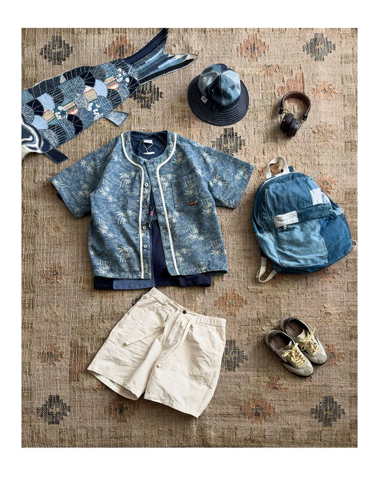 Japanese vintage island coconut tree pattern denim loose collarless short-sleeved shirt in summer layered with jackets for men and women