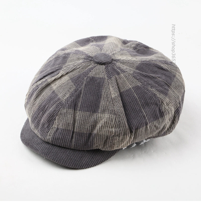 Casual plaid corduroy painter's hat british octagonal hat beret for men and women autumn winter vintage tongue newsboy hat