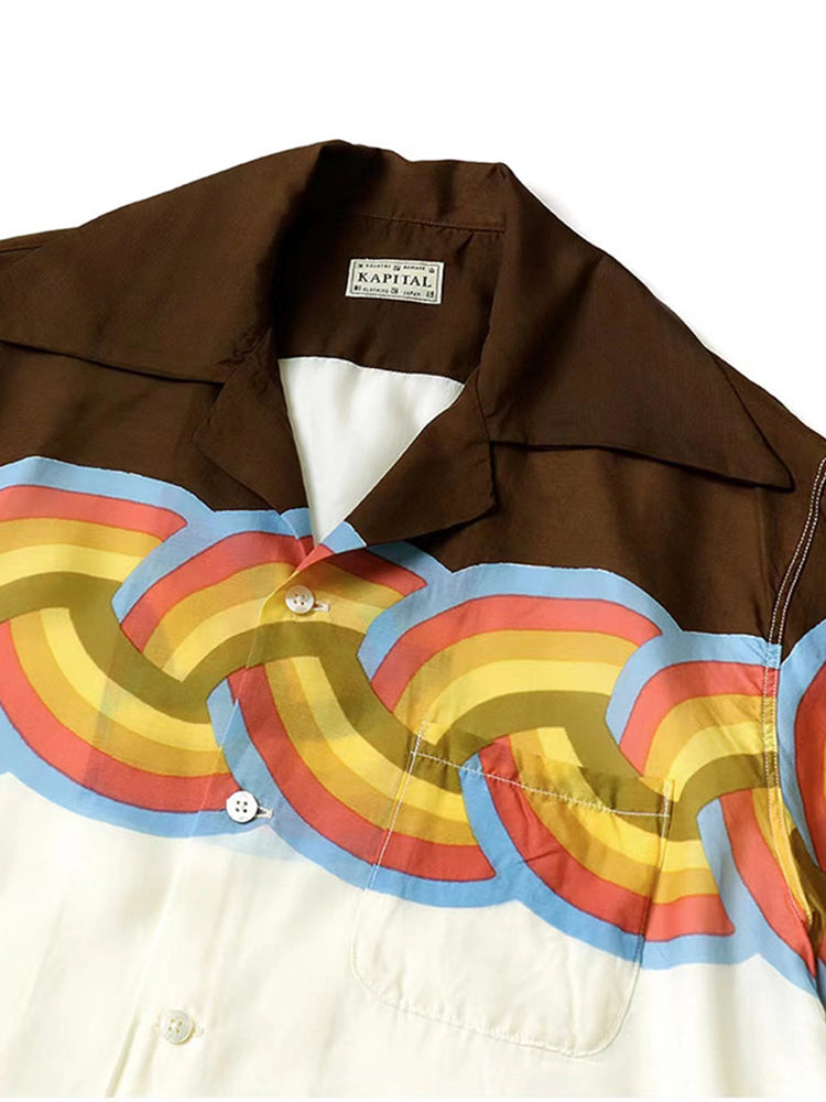 Japanese unisex rainbow wave color-block breasted loose casual short-sleeved shirt