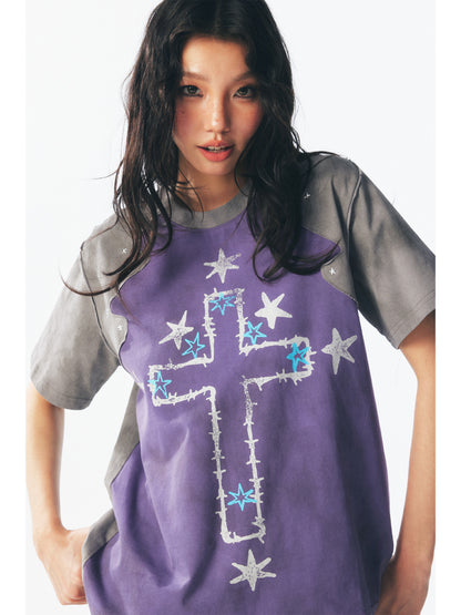 Irregularly patterned patchwork short-sleeved T-shirt – Japanese vintage | yamalin clothes | Yamalinclothes