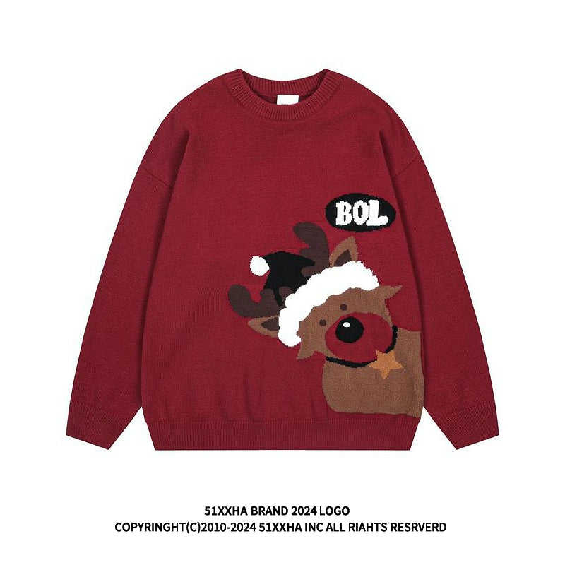 Soft and glutinous design red Christmas sweater for men and women winter atmosphere retro loose round neck sweater