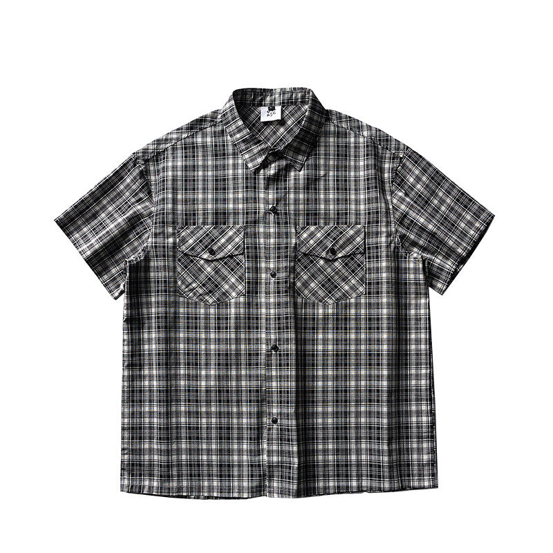 Retro Plaid Double Pocket Cotton Short Sleeve Shirt – Loose Unisex Workwear Casual