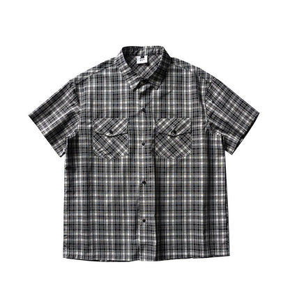 Retro Plaid Double Pocket Cotton Short Sleeve Shirt – Loose Unisex Workwear Casual