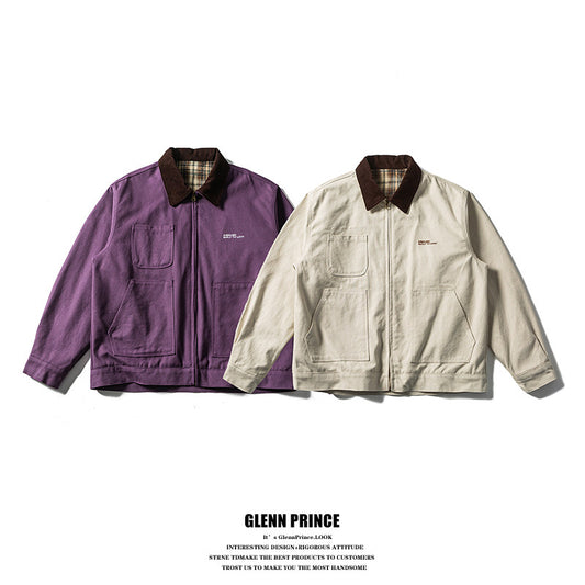 American Vintage Barn Style Contrast Lapel Jacket Men's Spring and Autumn Zipper Workwear Spring Thickened Jacket