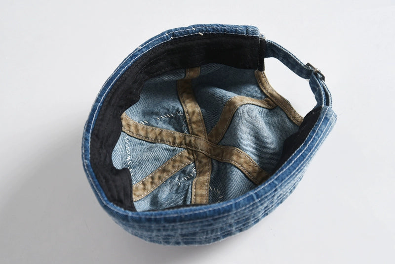 Original design blue dyed ancient cloth stitching denim melon skin hat Japanese retro washed all-match handmade landlord hat for men and women