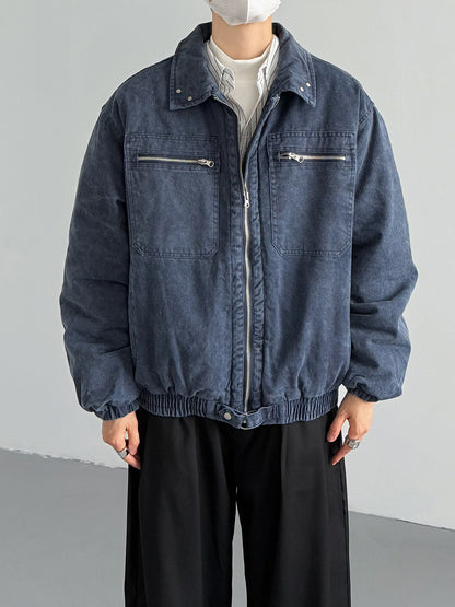 Vintage Distressed Padded Denim Jacket – Oversized Men’s Zipper-Trim Quilted Trucker Coat