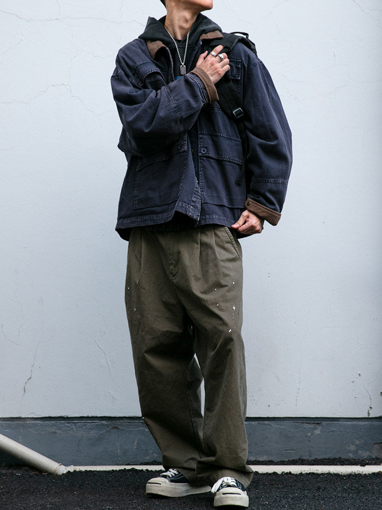 Cotton Cargo Jacket – Corduroy Collar & Four Pockets | Yamalin clothes | Vintage workwear outfit for men
