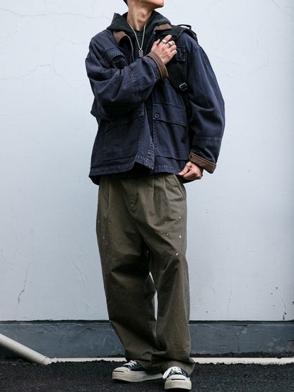 Cotton Cargo Jacket – Corduroy Collar & Four Pockets | Yamalin clothes | Vintage workwear outfit for men