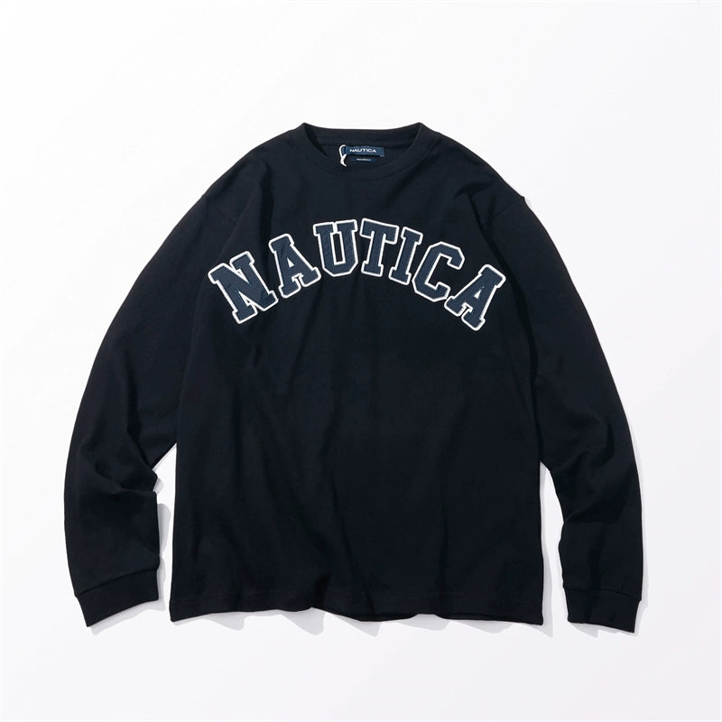 Long sleeve T-shirt men loose casual round collar letter embroidery city boy heavy T-shirt