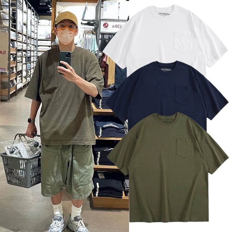 Japanese tooling heavy small collar short sleeve men pure cotton fashion brand pocket T-shirt