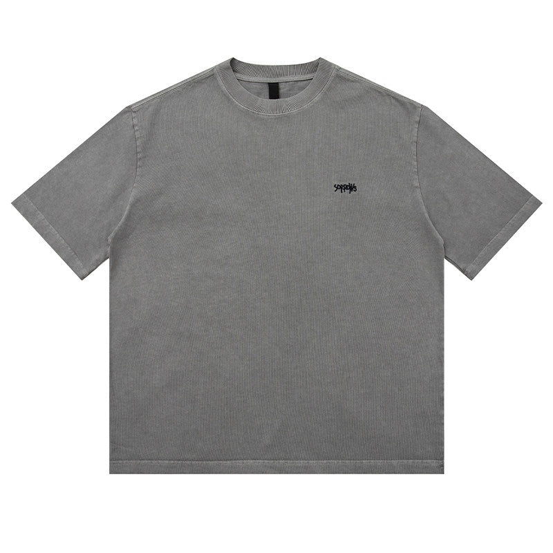 320G Heavyweight Washed Distressed Short Sleeve T-Shirt – Letter Embroidery Vintage Tee for Men – Japanese vintage | yamalin clothes | Yamalinclothes