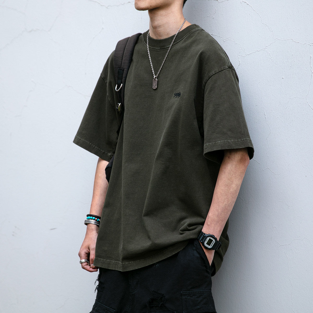 320G Heavyweight Washed Distressed Short Sleeve T-Shirt – Letter Embroidery Vintage Tee for Men – Japanese vintage | yamalin clothes | Yamalinclothes